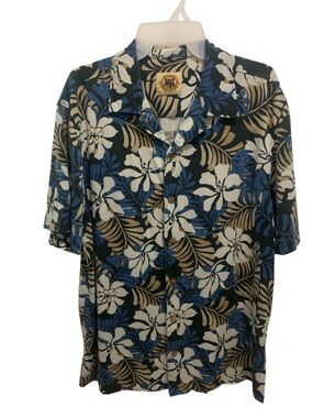 Pusser's West Indies Navy/ Tan Floral Silk Blend Aloha Shirt Size Medium Hawaii